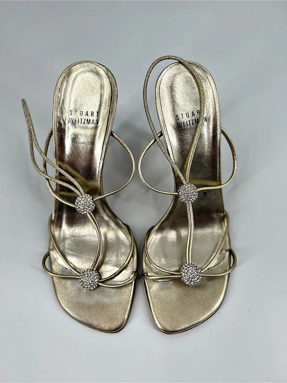 Stuart Weitzman Trixie Gold Embellished Strappy Leather Sandals 7 Heels 4”